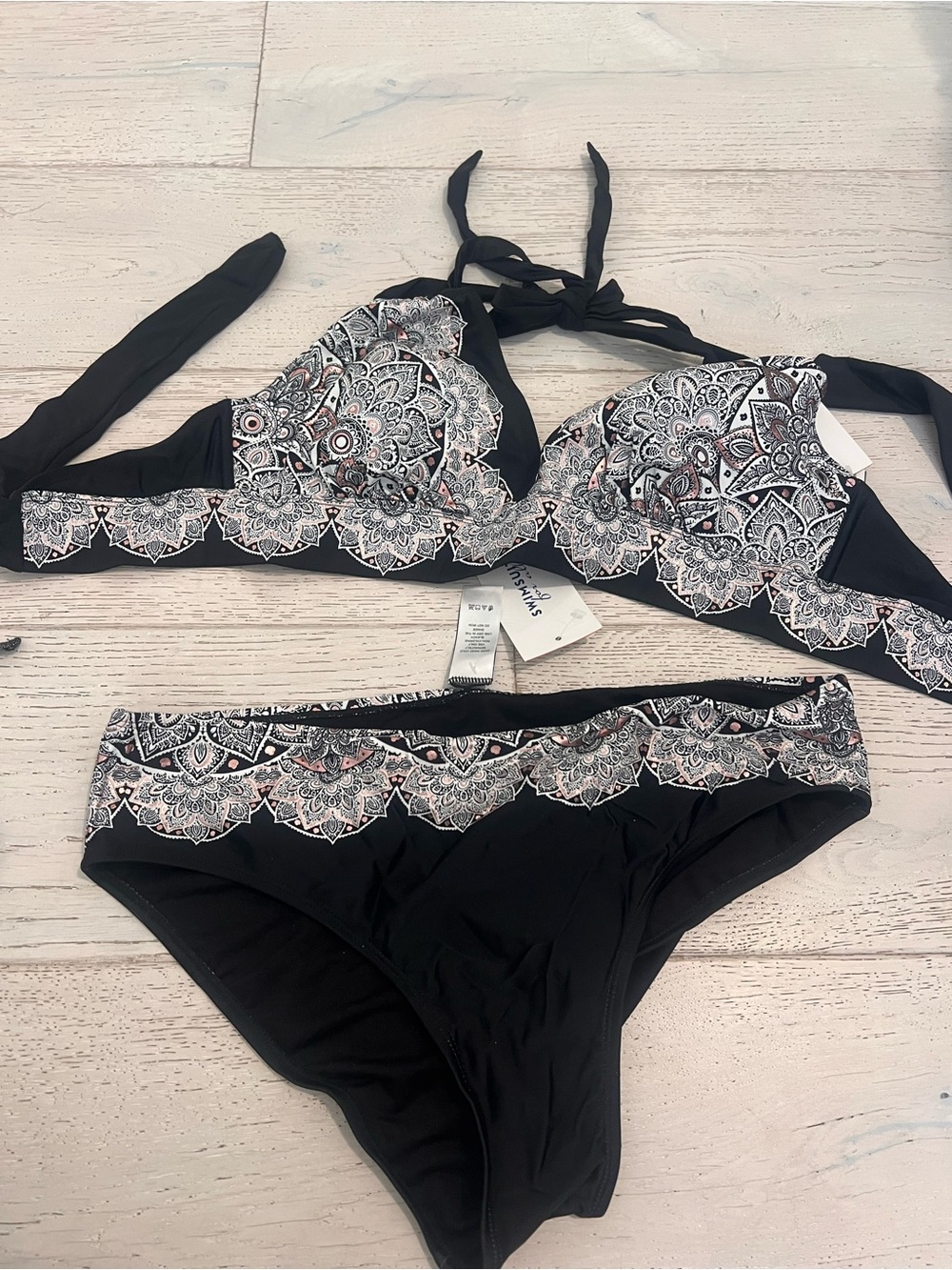 Swimsuits for all Black Printed Lace-Trim Bikini Set size 12